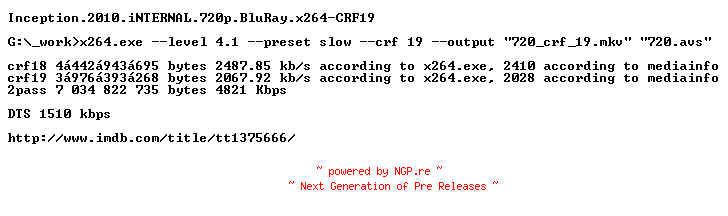 NFO for the release Inception.2010.iNTERNAL.720p.BluRay.x264-CRF19 by CRF19
