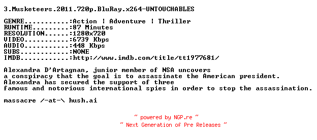 NFO for the release 3.Musketeers.2011.720p.BluRay.x264-UNTOUCHABLES by UNTOUCHABLES