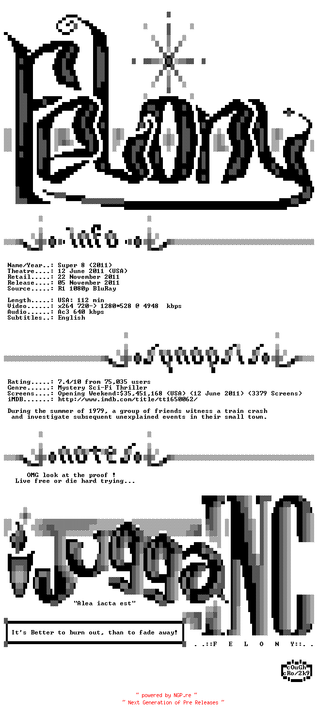 NFO for the release Super.8.2011.720p.BluRay.x264-Felony by Felony