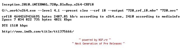 NFO for the release Inception.2010.iNTERNAL.720p.BluRay.x264-CRF18 by CRF18