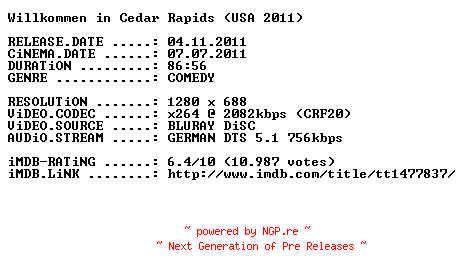 NFO for the release Willkommen.in.Cedar.Rapids.2011.German.720p.BluRay.x264-PRiViLEGED by PRiViLEGED