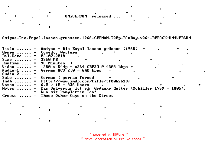 NFO for the release Amigos.Die.Engel.lassen.gruessen.1968.GERMAN.720p.BluRay.x264.REPACK-UNiVERSUM by UNiVERSUM