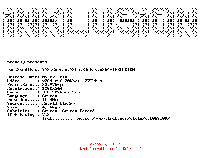 NFO for the release Das.Syndikat.1972.German.720p.BluRay.x264-iNKLUSiON by iNKLUSiON