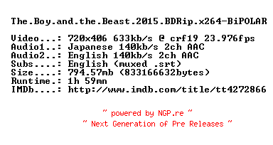 NFO for the release The.Boy.and.the.Beast.2015.BDRip.x264-BiPOLAR by BiPOLAR