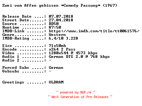 NFO for the release Zwei.vom.Affen.gebissen.1967.Comedy.Version.German.720p.BluRay.x264-SPiCY by SPiCY