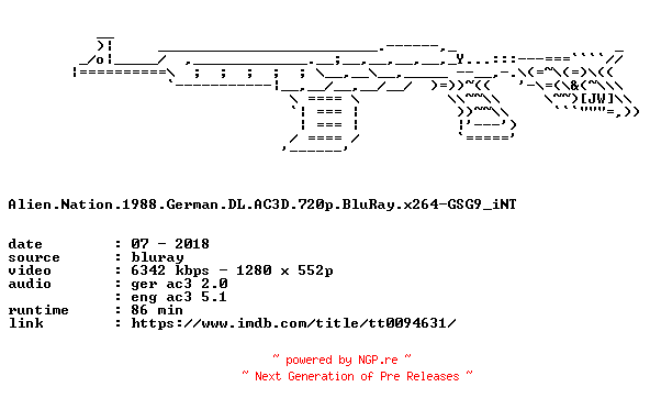NFO for the release Alien.Nation.1988.German.DL.AC3D.720p.BluRay.x264-GSG9_iNT by GSG9_iNT