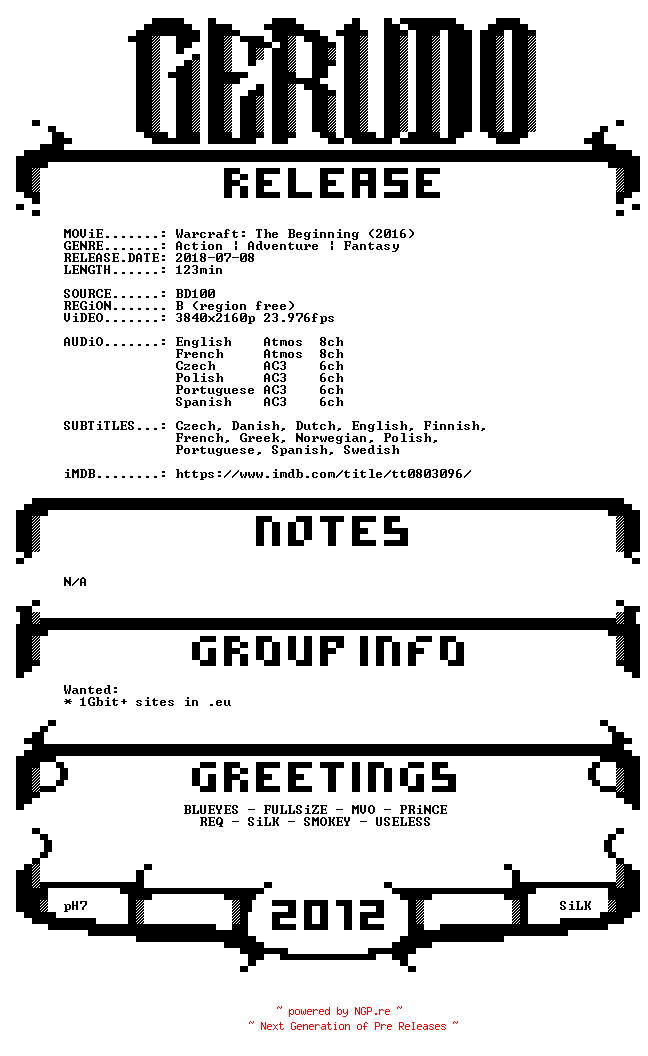 NFO for the release Warcraft.2016.MULTi.COMPLETE.UHD.BLURAY-GERUDO by GERUDO