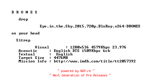 NFO for the release Eye.in.the.Sky.2015.720p.BluRay.x264-DRONES by DRONES