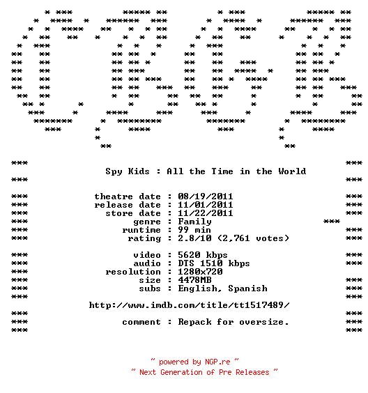 NFO for the release Spy.Kids.All.the.Time.in.the.World.720p.REPACK.Bluray.x264-CBGB by CBGB