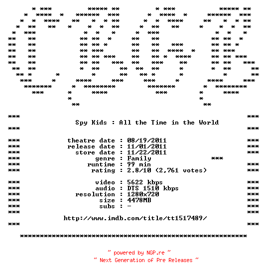 NFO for the release Spy.Kids.All.the.Time.in.the.World.720p.Bluray.x264-CBGB by CBGB
