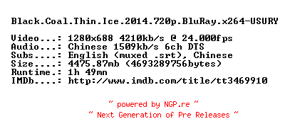 NFO for the release Black.Coal.Thin.Ice.2014.720p.BluRay.x264-USURY by USURY