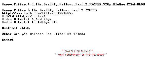 NFO for the release Harry.Potter.And.The.Deathly.Hallows.Part.2.PROPER.720p.BluRay.X264-BLOW by BLOW