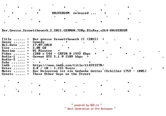 NFO for the release Der.Grosse.Sexwettbewerb.2.2015.GERMAN.720p.BluRay.x264-UNiVERSUM by UNiVERSUM