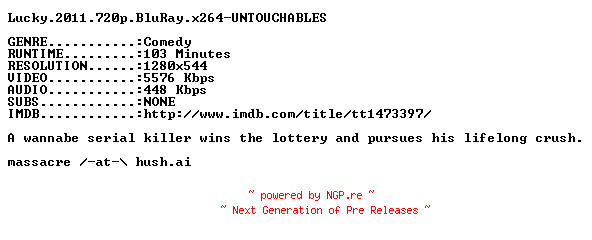NFO for the release Lucky.2011.720p.BluRay.x264-UNTOUCHABLES by UNTOUCHABLES