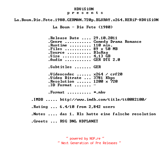NFO for the release La.Boum.Die.Fete.1980.GERMAN.720p.BLURAY.x264.RERiP-HDViSiON by HDViSiON