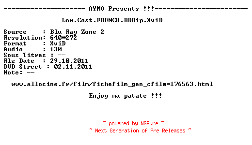 NFO for the release Low.Cost.FRENCH.BDRip.XviD-AYMO by AYMO