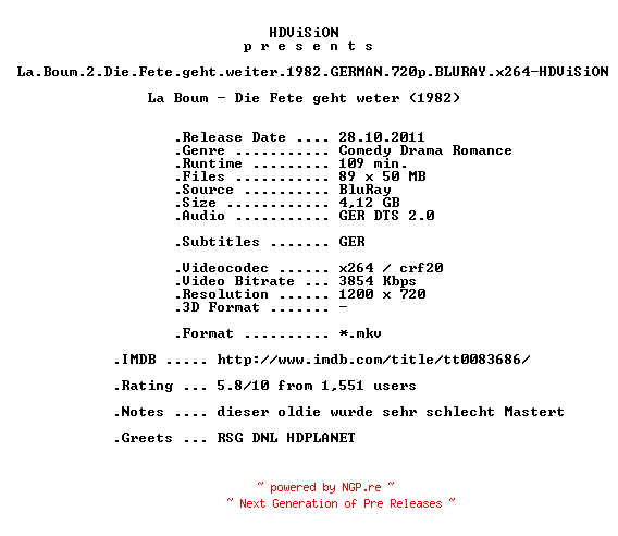 NFO for the release La.Boum.2.Die.Fete.geht.weiter.1982.GERMAN.720p.BLURAY.x264-HDViSiON by HDViSiON