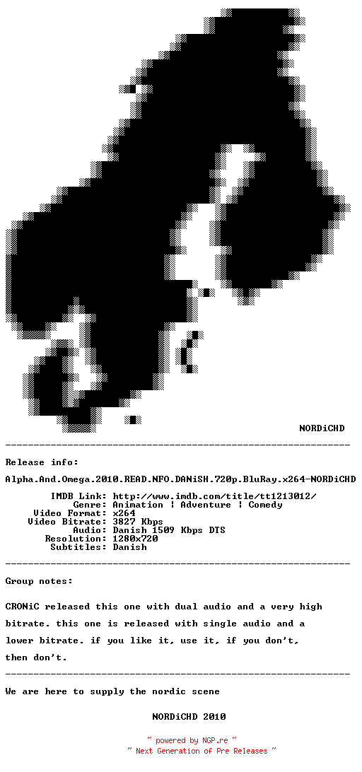 NFO for the release Alpha.And.Omega.2010.READ.NFO.DANiSH.720p.BluRay.x264-NORDiCHD by NORDiCHD