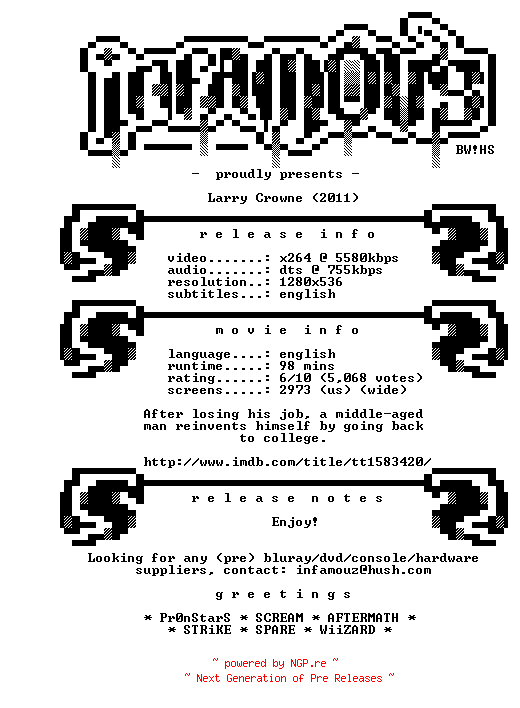 NFO for the release Larry.Crowne.2011.720p.BluRay.x264-iNFAMOUS by iNFAMOUS