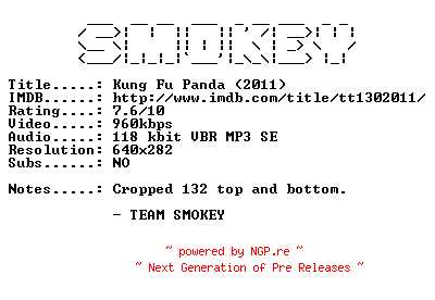 NFO for the release Kung.Fu.Panda.2.2011.SWEDISH.BDRip.XviD-SMOKEY by SMOKEY