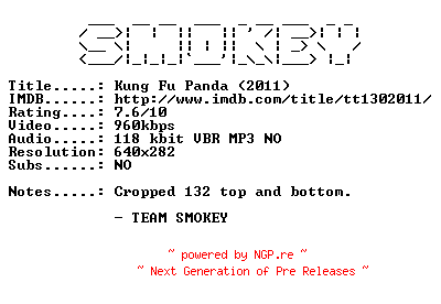 NFO for the release Kung.Fu.Panda.2.2011.NORWEGIAN.BDRip.XviD-SMOKEY by SMOKEY