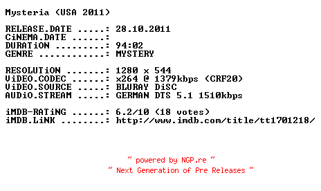 NFO for the release Mysteria.2011.German.720p.BluRay.x264-PRiViLEGED by PRiViLEGED
