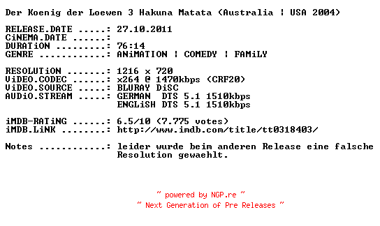 NFO for the release Der.Koenig.der.Loewen.3.Hakuna.Matata.2004.German.DL.720p.BluRay.x264.PROPER-PRiViLEGED by PRiViLEGED