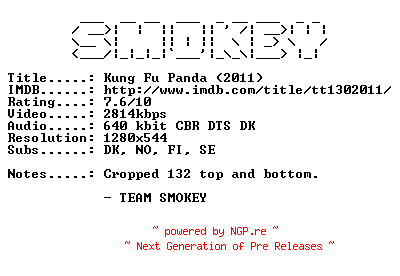 NFO for the release Kung.Fu.Panda.2.2011.DANISH.720p.Bluray.X264-SMOKEY by SMOKEY