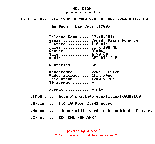 NFO for the release La.Boum.Die.Fete.1980.GERMAN.720p.BLURAY.x264-HDViSiON by HDViSiON