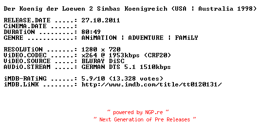 NFO for the release Der.Koenig.der.Loewen.2.Simbas.Koenigreich.1998.German.720p.BluRay.x264-PRiViLEGED by PRiViLEGED