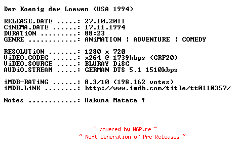 NFO for the release Der.Koenig.der.Loewen.1994.German.720p.BluRay.x264-PRiViLEGED by PRiViLEGED