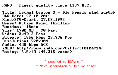 NFO for the release Lethal.Weapon.3.Brennpunkt.L.A.Die.Profis.sind.zurueck.German.1992.AC3.BDRiP.XviD.iNTERNAL-RANOCLASSiCS by RANOCLASSiCS