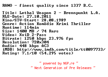 NFO for the release Lethal.Weapon.2.Brennpunkt.L.A.German.1989.AC3.BDRiP.XviD.iNTERNAL-RANOCLASSiCS by RANOCLASSiCS