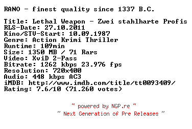NFO for the release Lethal.Weapon.Zwei.stahlharte.Profis.German.1987.AC3.BDRiP.XviD.iNTERNAL-RANOCLASSiCS by RANOCLASSiCS