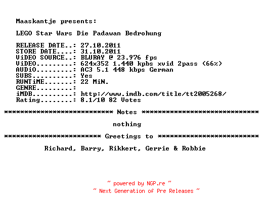 NFO for the release LEGO.Star.Wars.Die.Padawan.Bedrohung.German.2011.AC3.BDRip.XviD-Maaskantje by Maaskantje