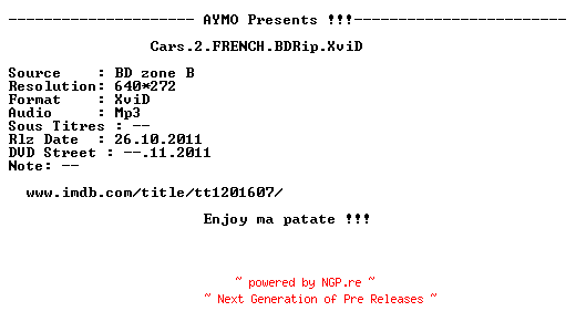NFO for the release Cars.2.FRENCH.BDRip.XviD-AYMO by AYMO