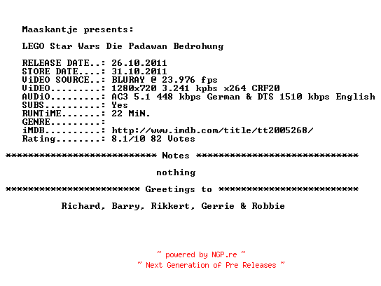 NFO for the release LEGO.Star.Wars.Die.Padawan.Bedrohung.2011.German.DL.720p.BluRay.x264-Maaskantje by Maaskantje