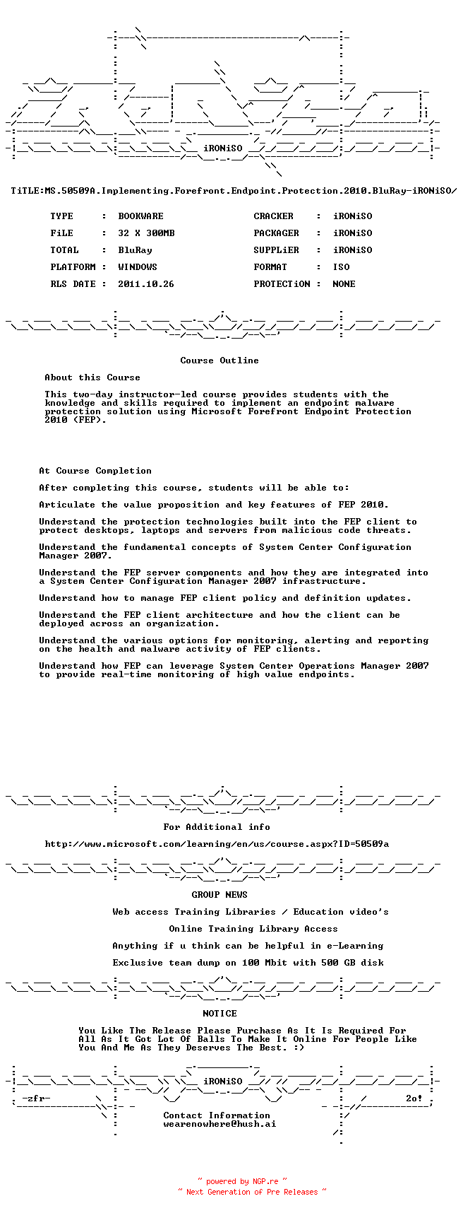 NFO for the release Ms.50509A.Implementing.Forefront.Endpoint.Protection.2010.BluRay-iRONiSO by iRONiSO