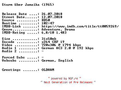 NFO for the release Sturm.ueber.Jamaika.German.1965.AC3.BDRip.x264-SPiCY by SPiCY