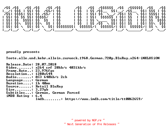 NFO for the release Toete.alle.und.kehr.allein.zurueck.1968.German.720p.BluRay.x264-iNKLUSiON by iNKLUSiON