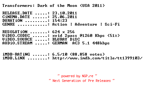 NFO for the release Transformers.3.Dark.of.the.Moon.German.2011.AC3.BDRiP.XviD-PRiViLEGED by PRiViLEGED
