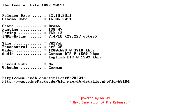 NFO for the release The.Tree.of.Life.German.DL.720p.BluRay.x264-EXQUiSiTE by EXQUiSiTE