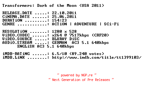 NFO for the release Transformers.3.Dark.of.the.Moon.2011.German.DL.720p.BluRay.x264-PRiViLEGED by PRiViLEGED