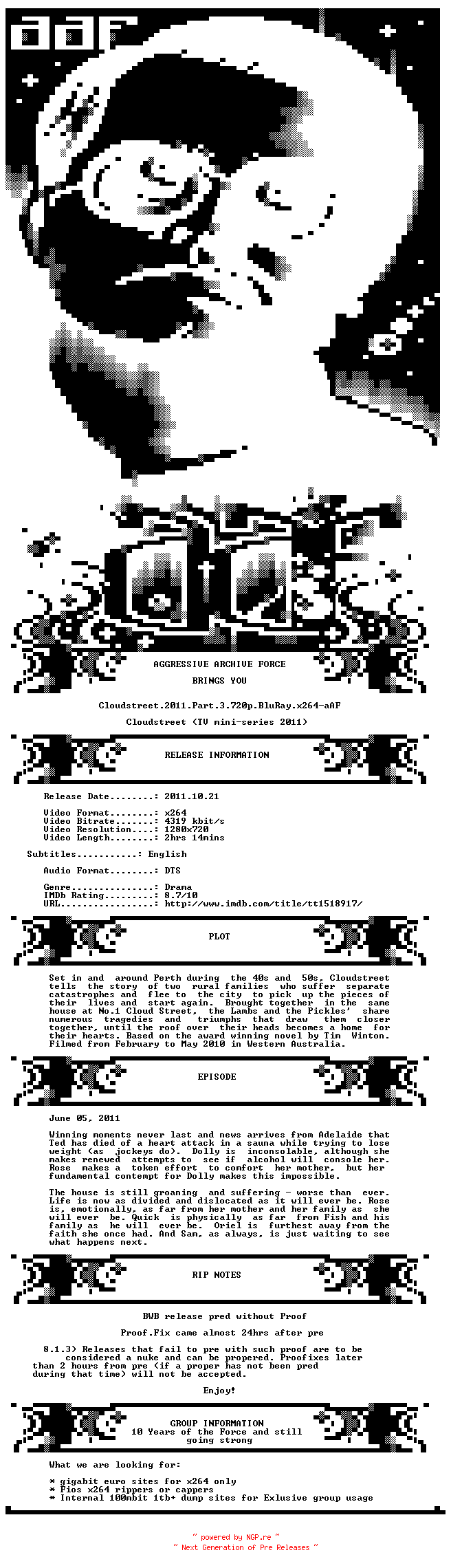 NFO for the release Cloudstreet.2011.Part.3.PROPER.720p.BluRay.x264-aAF by aAF