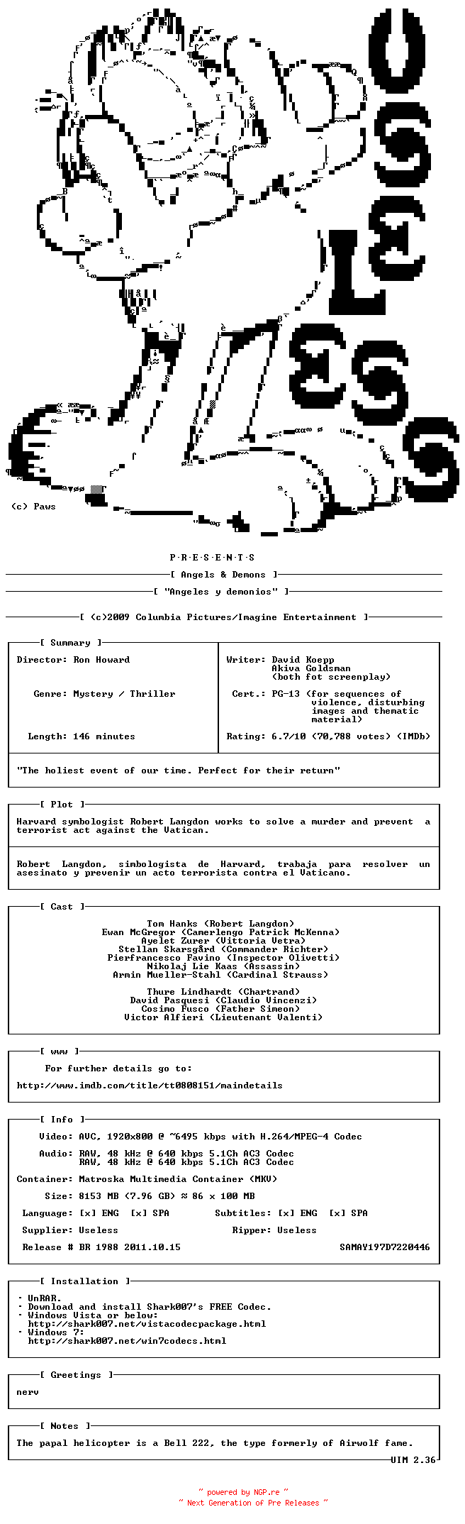 NFO for the release Angels.And.Demons.EXTENDED.EDITION.BDRip.x264.2009.SP-USL by USL