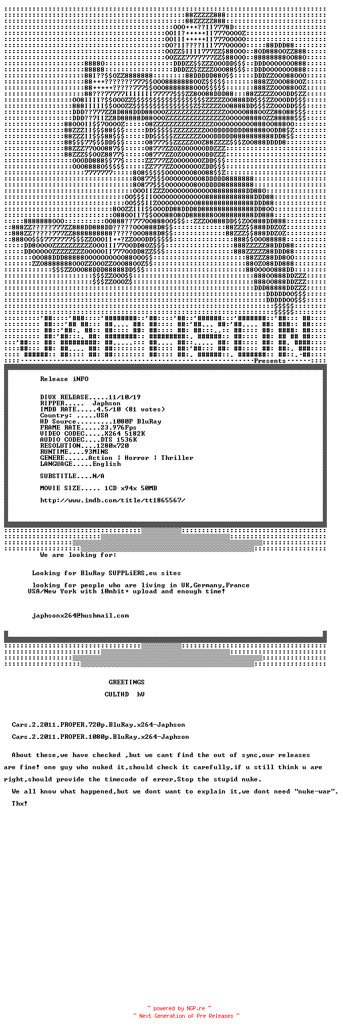 NFO for the release Wrong.Turn.4.2011.READNFO.720p.BluRay.x264-Japhson by Japhson