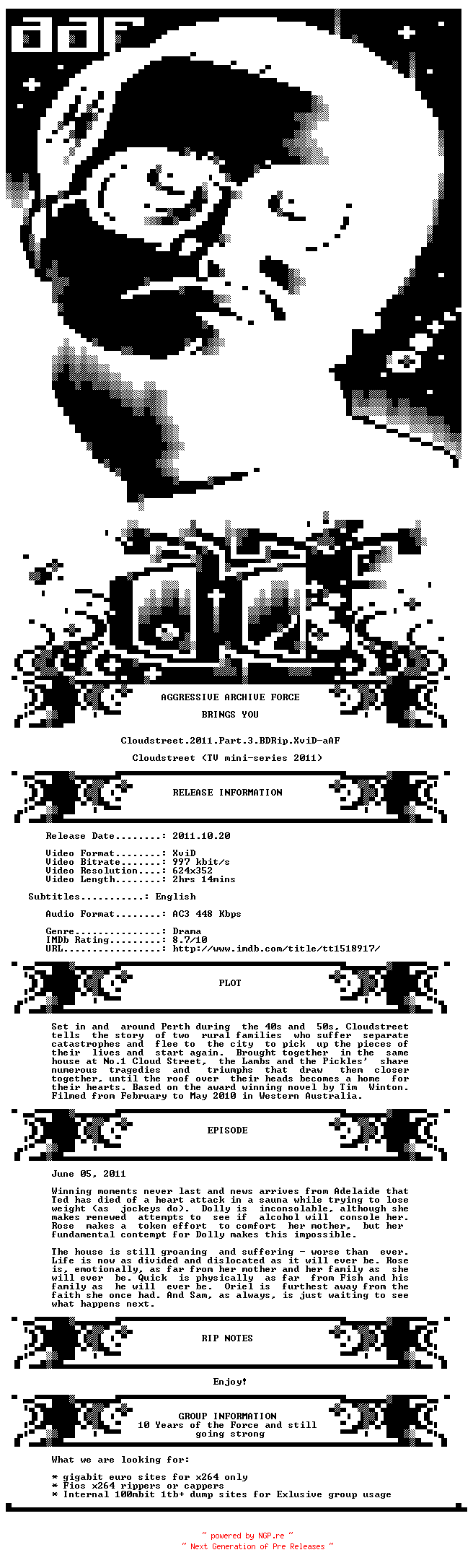 NFO for the release Cloudstreet.2011.Part.3.BDRip.XviD-aAF by aAF
