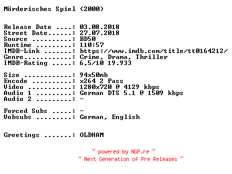 NFO for the release Moerderisches.Spiel.2000.German.720p.BluRay.x264-SPiCY by SPiCY