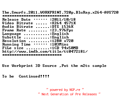 NFO for the release The.Smurfs.2011.WORKPRINT.720p.BluRay.x264-AVS720 by AVS720