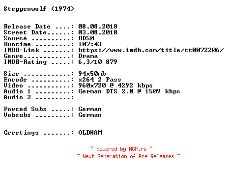 NFO for the release Steppenwolf.1974.OAR.German.720p.BluRay.x264-SPiCY by SPiCY
